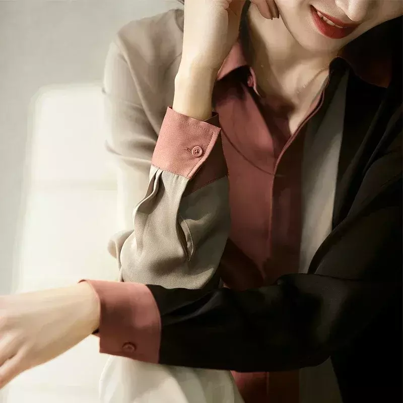 Blusa elegante de manga comprida feminina, nova moda, ajuste solto, botão para cima, gola virada para baixo, roupa de senhora, top primavera, 18146