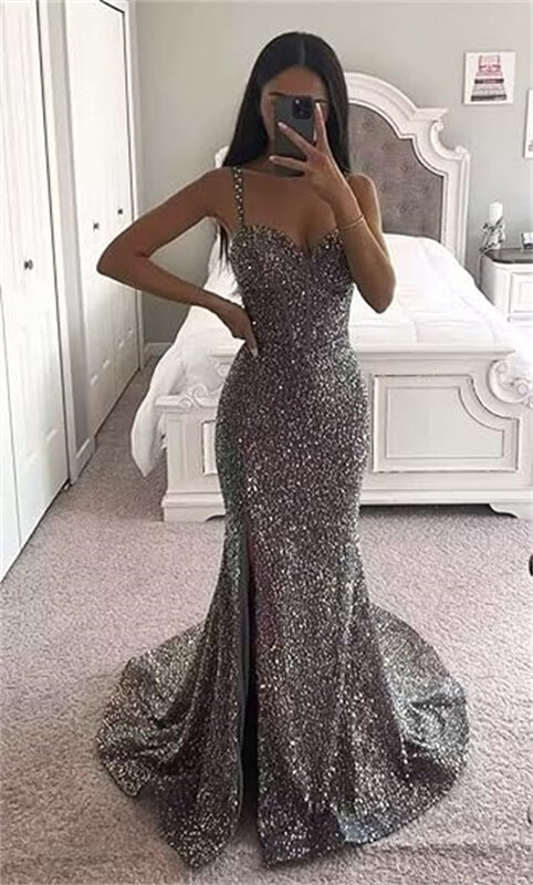2024 Women Spaghetti Strap V-Neck Mermaid Sequin Prom Dresses Sparkly Sleeveless Corset High Slit Formal Evening Party Dress
