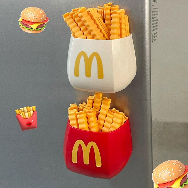 French Fries Clip Storage Box Creative Packaging Sealer Clip Holder Wall Refrigerator Magnetic Storage Box Kitchen Accessories