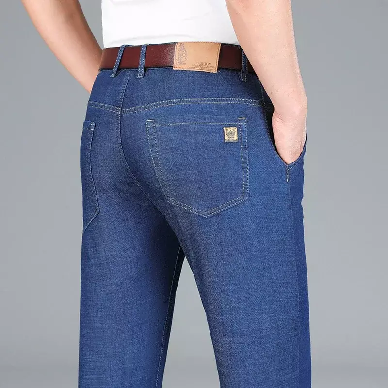 2024 wiosna lato lekkie dopasowane proste jeansy męskie klasyczne odzież biznesowa cienka bawełna elastyczny, wysoki spodnie typu Casual w talii