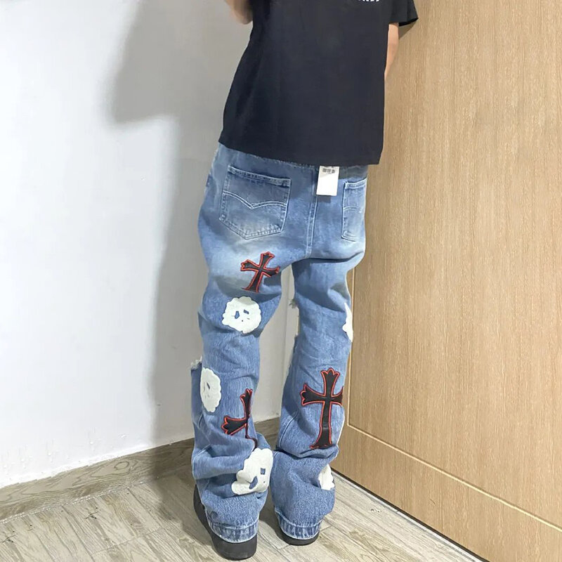 Y2K amerykański Hiphop haft krzyż łatka trójwymiarowy porwane jeansy męska fala marki główna ulica prosto luźne spodnie