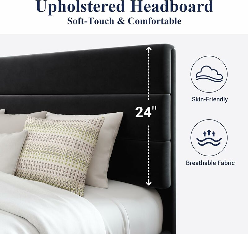 Queen platform bed frame, velvet upholstered headboard and wooden strip support, fully upholstered mattress base, black
