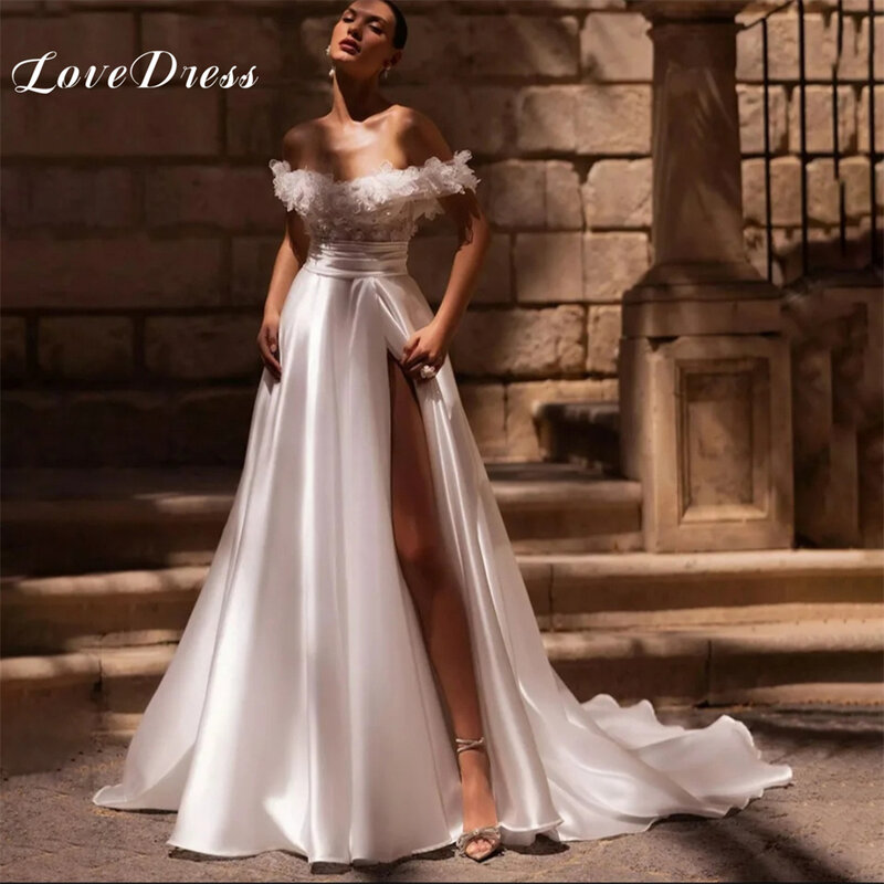 우아한 3D 플라워 오프 숄더 스테인 웨딩 드레스, A 라인 하이 사이드 슬릿 레이스, 백리스 신부 가운