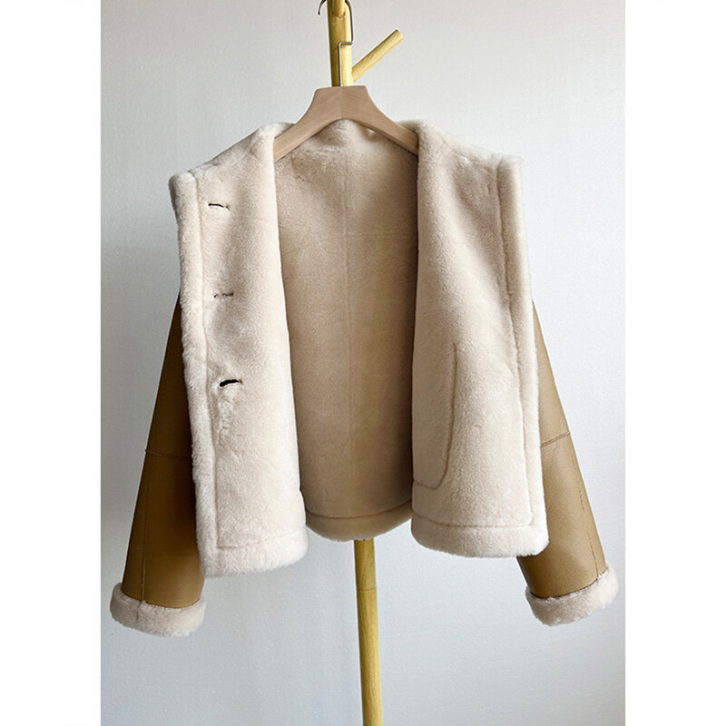 Manteau en cuir de laine d'agneau de style coréen pour femmes, pardessus court, chaud, optique, col montant, mode, bureau, dame, hiver, nouveau