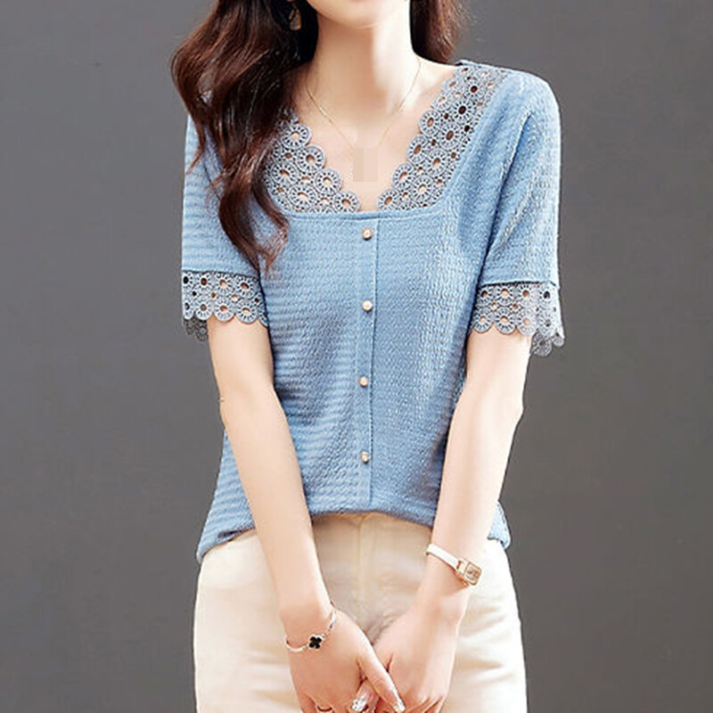 Summer thin short-sleeved V-neck chiffon shirt women's summer design first love sweet French top  womans tops