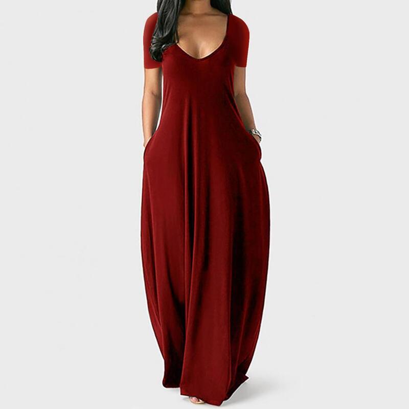 Modne kobiety z głębokim dekoltem w szpic sukienka z krótkim rękawem na co dzień, oddychająca duża, cienka, jednolita kolorowa sukienka Maxi Streetwear