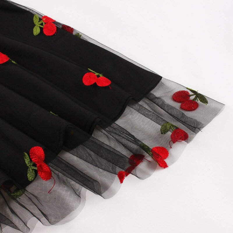 Ladies Vintage Cherry Cute Skirts Embroidered Mesh Overlay Women 2024 Spring Summer High Waist Black Pleated Long Skirt Costumes