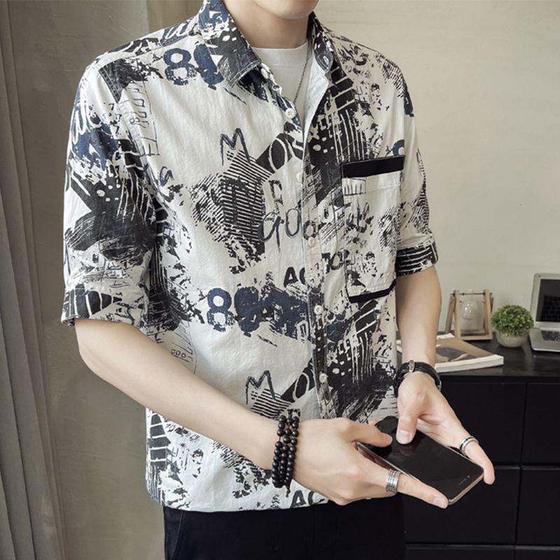 Vintage bedruckte Revers Knopf Taschen All-Match Punk Shirt Herren bekleidung 2024 Sommer neue übergroße koreanische Tops Freizeit hemden