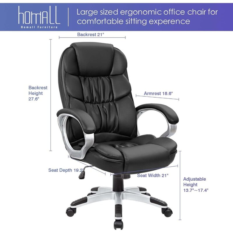 높은 등받이 컴퓨터 책상 의자, PU 가죽, 높이 조절 가능, 모던 임원 회전 작업 의자, 패딩 포함