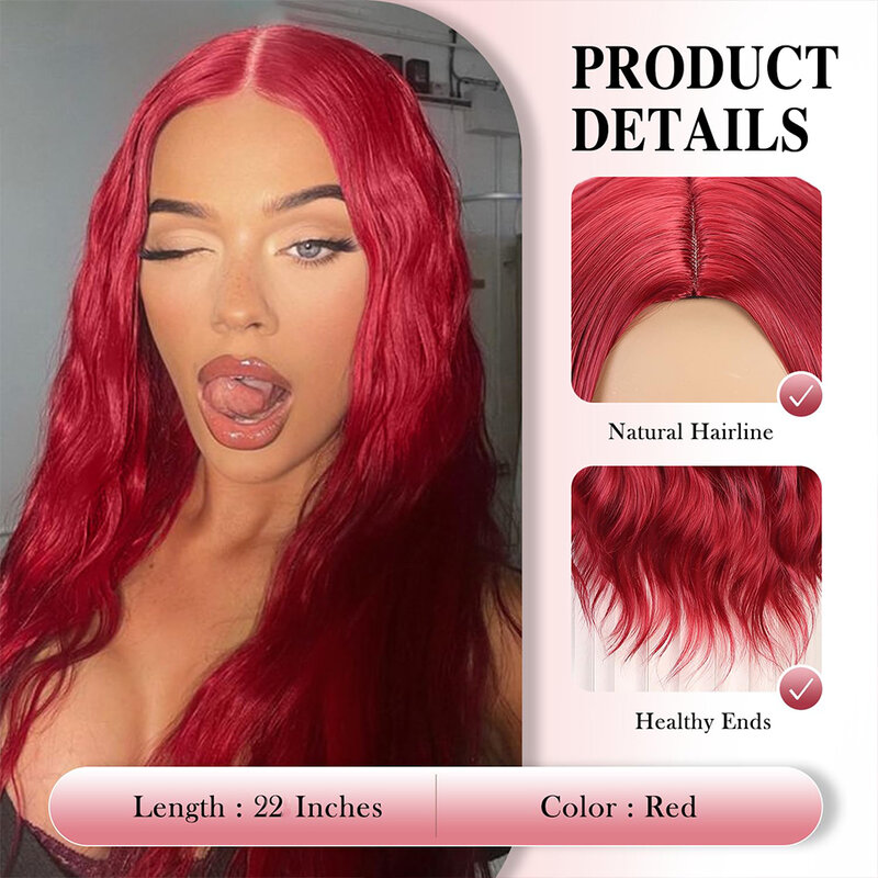 女性のための長い巻き毛の赤いかつら、耐熱性合成かつら、コスプレウィッグ、中央部赤、22インチ