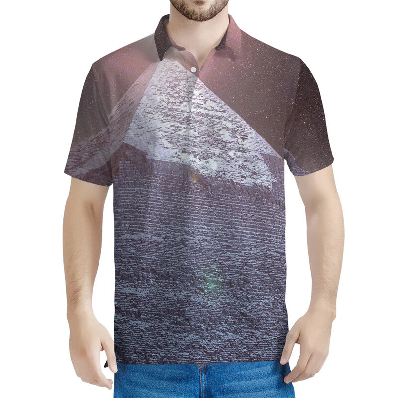 남성용 고대 피라미드 패턴 폴로 셔츠, 3D 프린트 티셔츠, 캐주얼 스트리트 오버사이즈 티셔츠, 라펠 단추 반팔, 여름