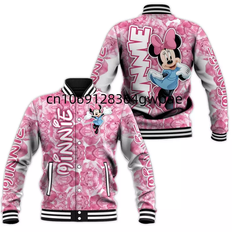 Jaket bisbol Disney Minnie Mouse Pria Wanita, Sweatshirt kasual Hip Hop Harajuku jaket jalanan longgar Varsity