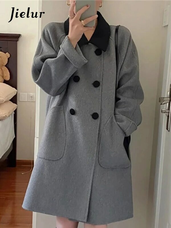 Jielur-mezcla de doble botonadura para mujer, Color gris, estilo Preppy, informal, Simple, a la moda, con bolsillos, de lana, para oficina