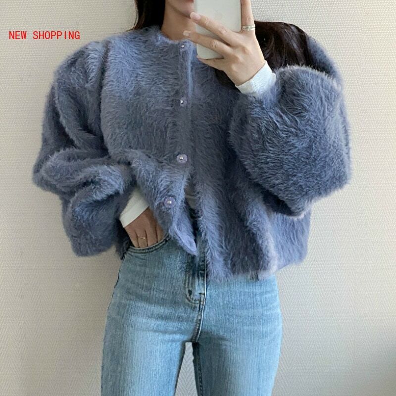 Korean Vintage Elegant Faux Mink Warm Cardigan Single Breasted Ladies Jacket Fluffy Casual Outerwear Autumn Winter Clothes Loose