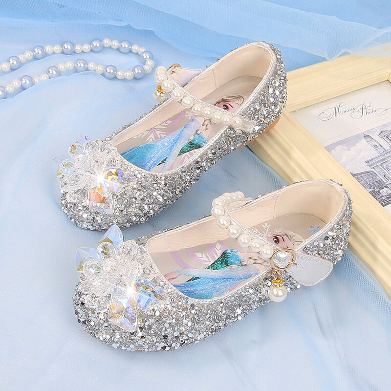 Disney menina sapatos congelados elsa princesa sola macia sapatos de verão das crianças de cristal pérola brilhante meninas rosa azul sapatos