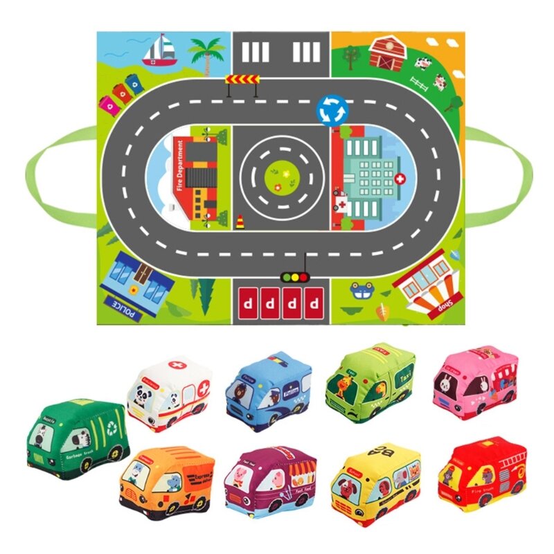 Autospielzeug für Kleinkinder mit Geräuschpapier und faltbarer Aufbewahrungstasche. Baufahrzeug