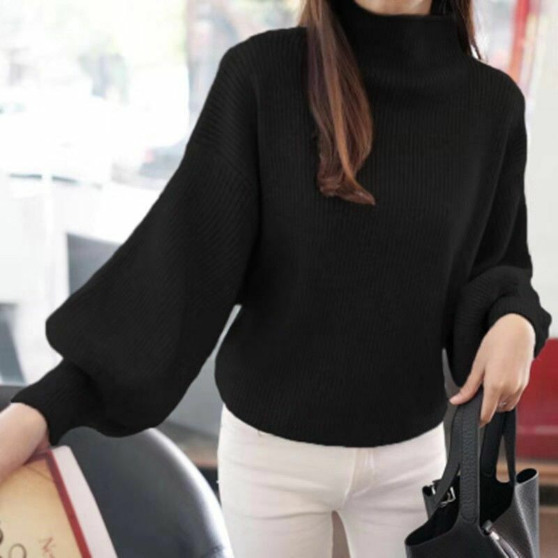 Fashion Sweater kerah tinggi, Turtleneck longgar lengan lentera Semua cocok pakaian wanita musim gugur musim dingin baru pullover kasual atasan Korea 2023