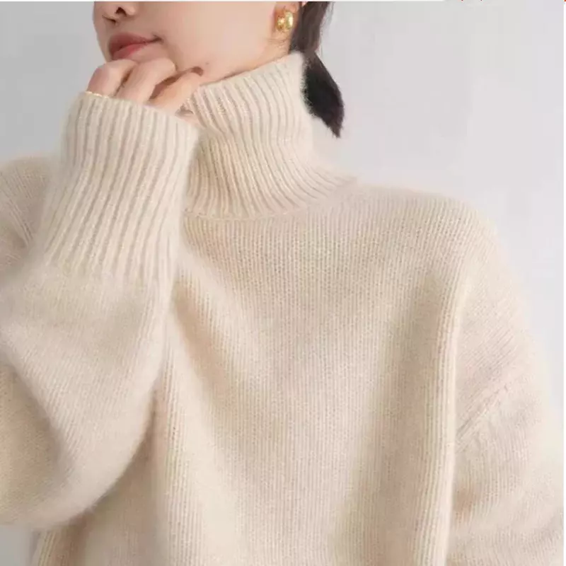 Pullover high neck women's wool sweater autumn and winter knitted loose casual new long sleeved women's 100% wool sweater