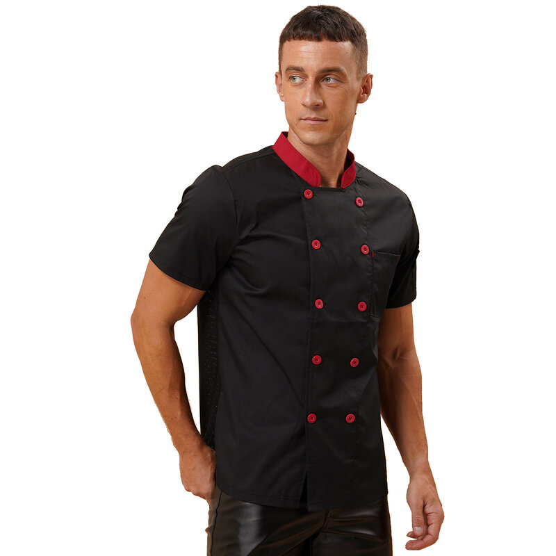 Mens Chef Jacket Breathable Short Sleeve Chef Shirt Stand Collar Cooks Jacket Hotel Restaurant Kitchen Uniform with Pockets