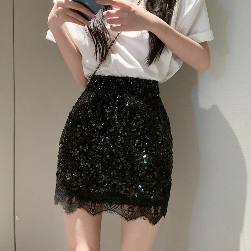 Royal Sister Fan Mingyuan's Temperament Spicy Girl Sequin Lace High Waist Female Xia Xian Slim A-line Wrapped Hip Short Skirt