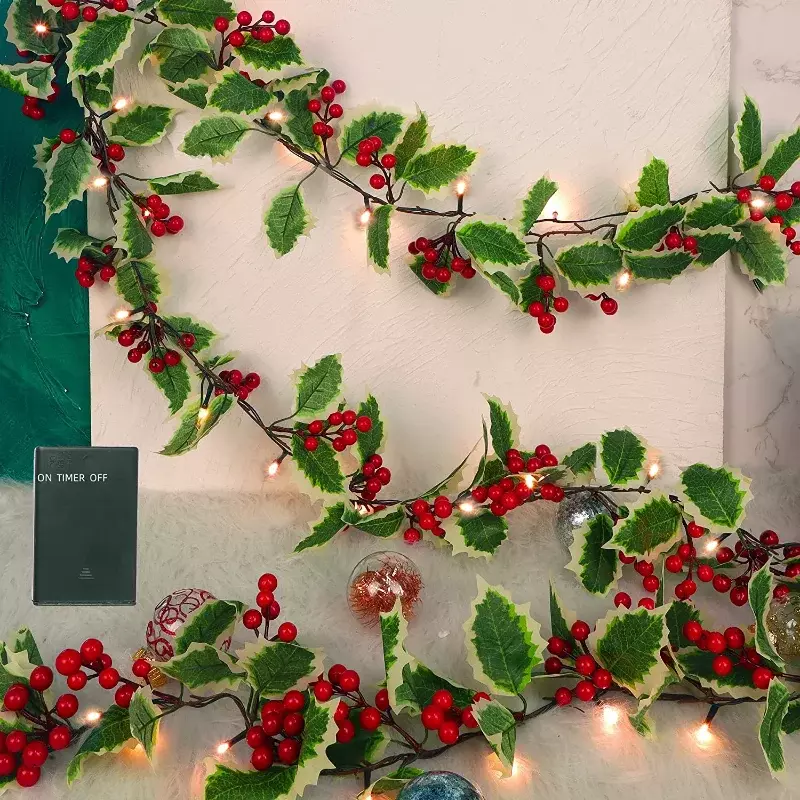 Guirxiété de Noël artificielle avec lumière, baie rouge, feuilles de houx, vigne de lierre, couronne de rotin pour ornement d'arbre de Noël, maison ouvertement, 2m