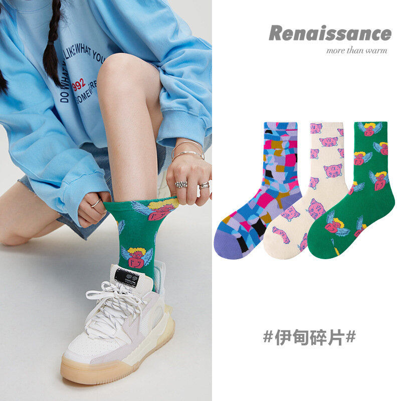Original Colorful Graffiti Cartoon Girls Socks Autumn Fashion New Children's Cotton Casual Sports Mid-Thigh Socks