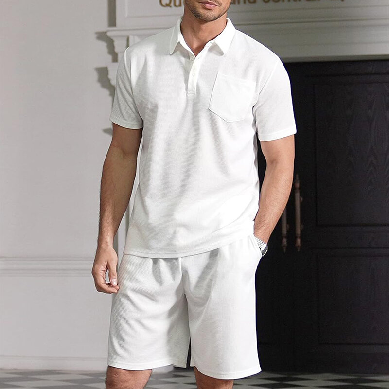 Vintage Turn-down Collar Mens Polo Shirt Two Piece Suits Summer Short Sleeve Tops And Shorts Outfits Men Casual Pure Color Suits