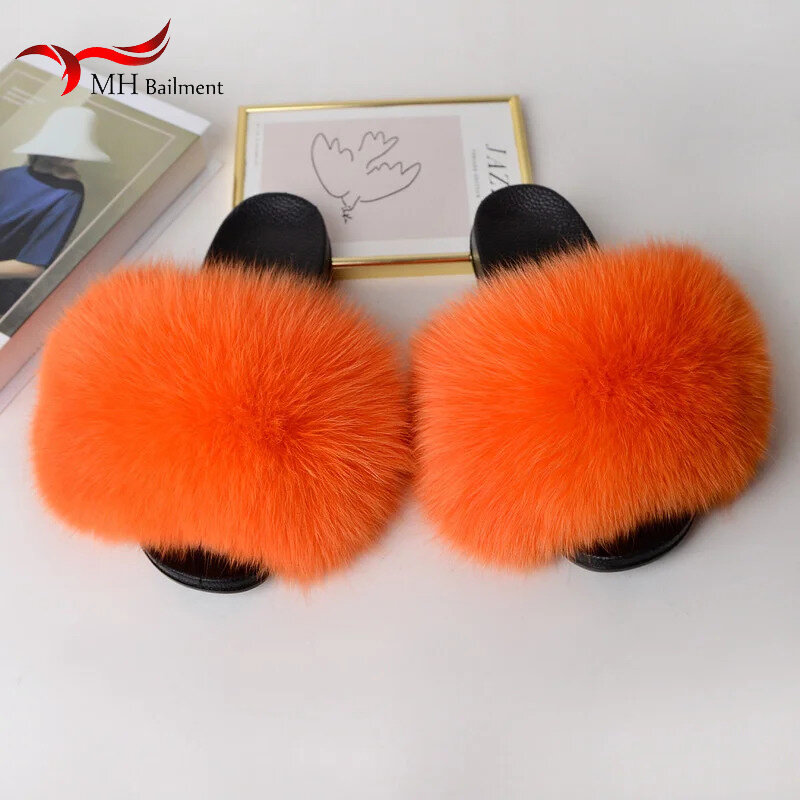 Summer Real Fox Fur Slides Women Fashion Fluffy Casual Flat House Slippers Outdoor Beach Sandals Flip Flops Ladies Shoes