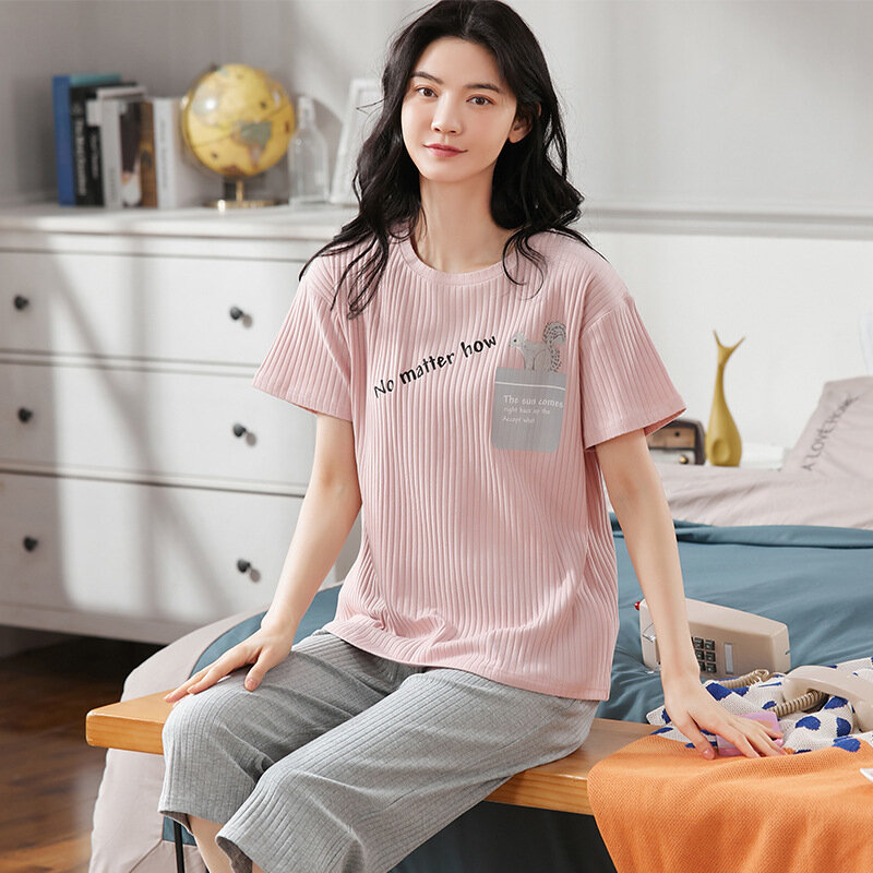 Conjuntos de pijamas de algodão listrado para mulheres, manga curta e calças, pijamas, pijamas, homewear, loungewear