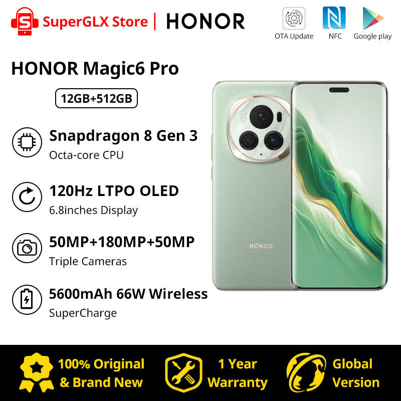 HONOR-Magic6 Pro Câmera Teleobjetiva de Tela Flutuante Quad-Curved, Versão Global, Snapdragon 8, Gen 3, 180MP, Novo, 6.8 ", 2019
