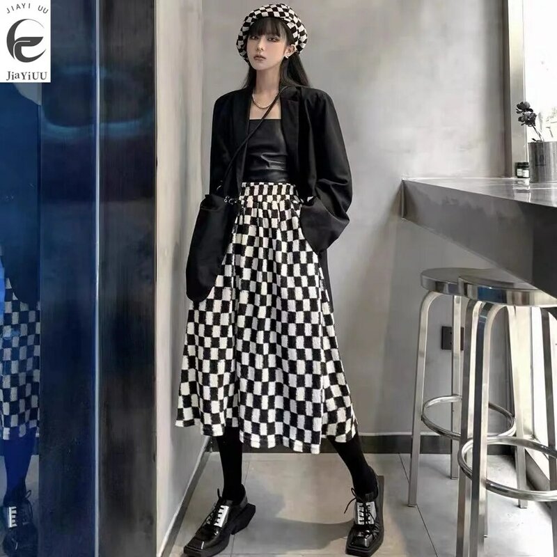 Women's Medium Length Checkerboard Half Skirt, Chubby Little Sister High Waisted - Corduroy A-line Plaid Skirt