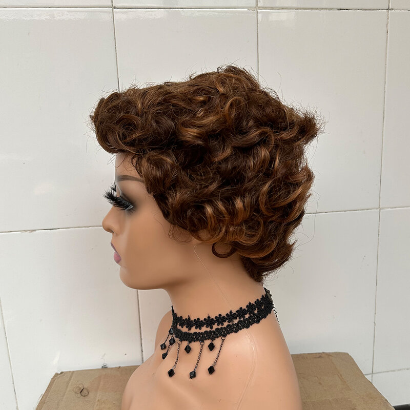 Peluca de cabello humano rizado corto para mujeres negras, pelo brasileño Remy, rizado Afro, sin pegamento, corte Pixie, barato