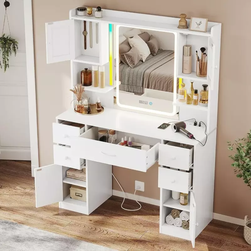 Dressing Table for Bedroom Furniture Home 4 Cabinets & Time Display Makeup Vanity Table Set Vanity Desk With Mirror and Lights