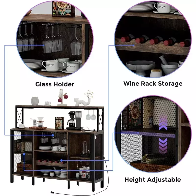 Armoire de bar d'angle domestique, armoire de bar à vin avec prise de courant, cave à vin de bar avec lumières LED RVB pour armoires à vin de salle à manger