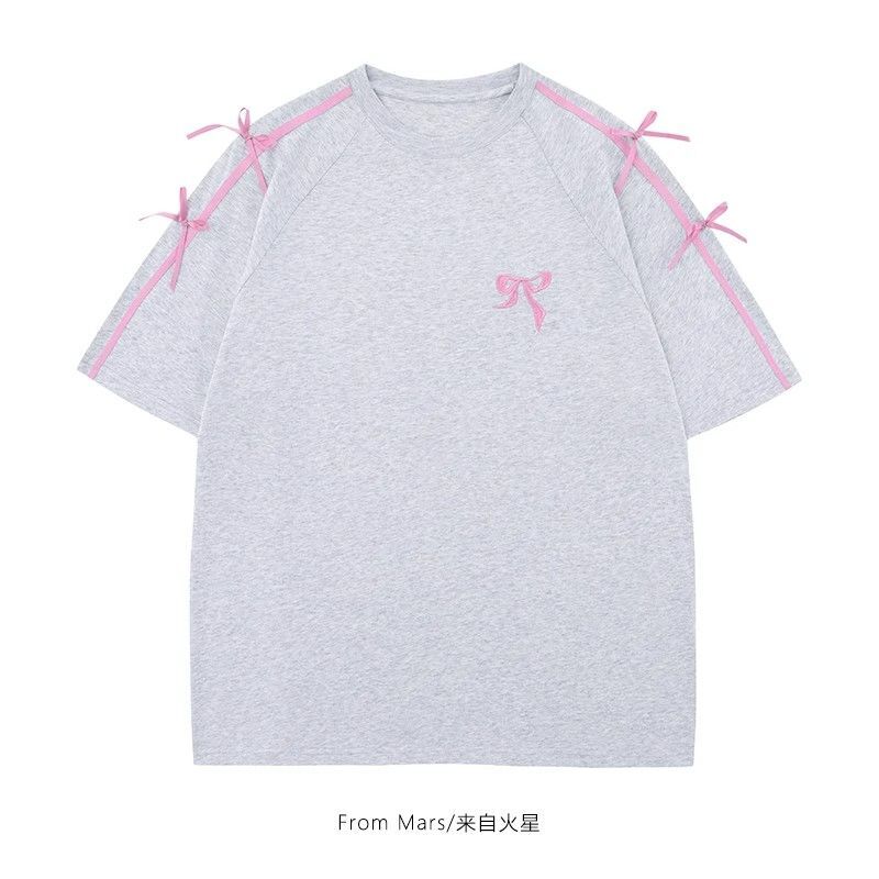 Camisa de manga curta solta feminina, versão coreana, fita com laço doce para menina, simples gola redonda, camisa casual feminina, INS, selvagem, maré