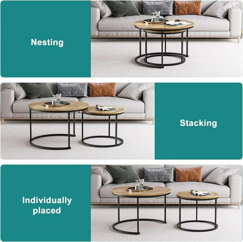 Nesting Coffee Table Set of 2, 27.6" Round Coffee Table Wood Grain Top with Adjustable Non-Slip Feet, Industrial End Tabl