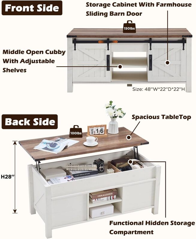 OKD 48 인치 농가 리프트 탑 커피 테이블, 슬라이딩 헛간 문짝, 숨겨진 보관함, 리프팅 탁상 조절 가능 선반
