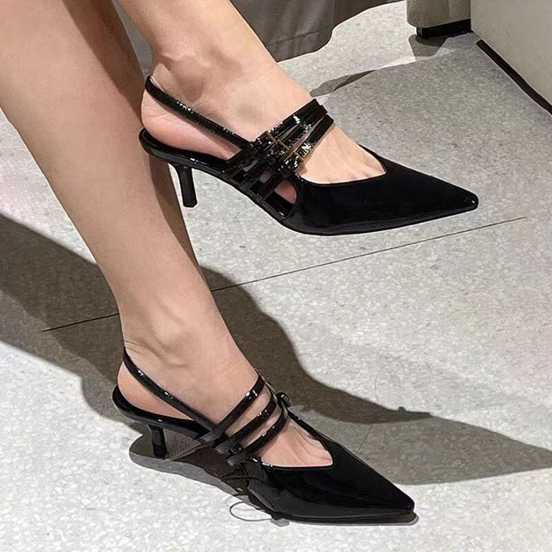 TRAF-zapatos de tacón de charol para mujer, sandalias con hebilla y tiras, color negro, 2024