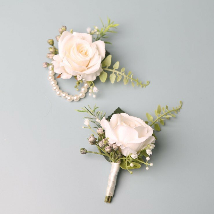 Rose bianche artificiali Boutonnieres Groomsmen testimone matrimonio accessori da sposa per la festa del matrimonio