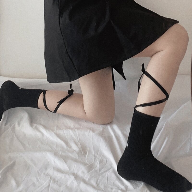 Женские хлопковые носки в рубчик в стиле Лолиты на шнуровке с надписью Tube Stock