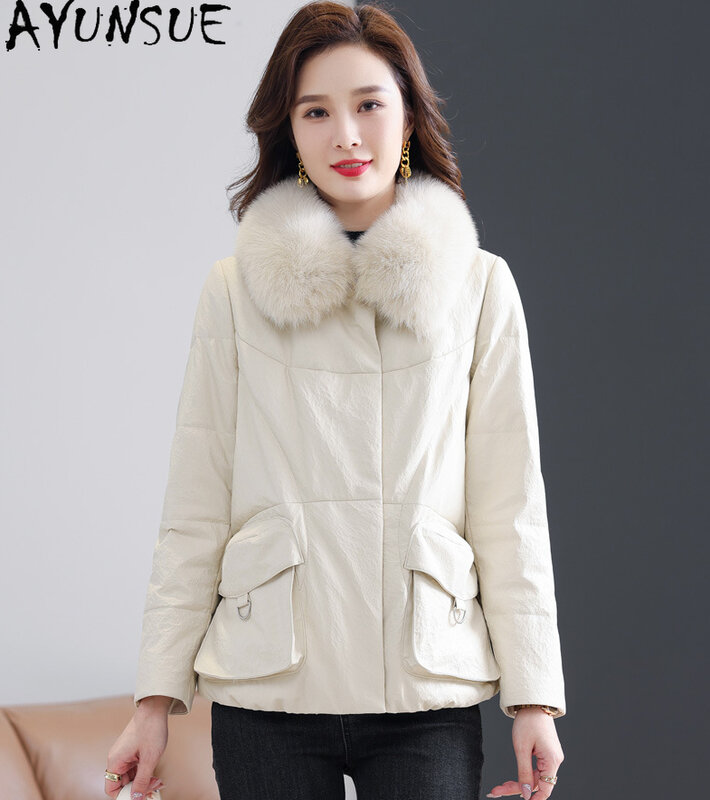AYUNSUE-Jaqueta de couro real feminina, casaco de pato branco gola de pele de raposa, jaqueta de couro de carneiro de alta qualidade inverno