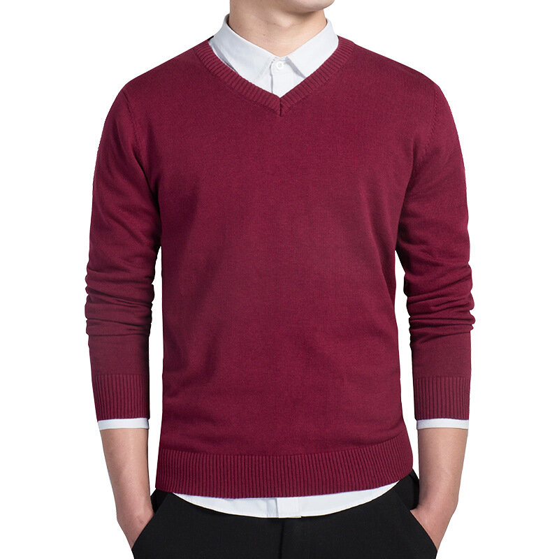 Camisola de algodão tricotada com decote v masculino, pulôveres slim fit, monocromático, marca casual, suéteres masculinos, outono 2022