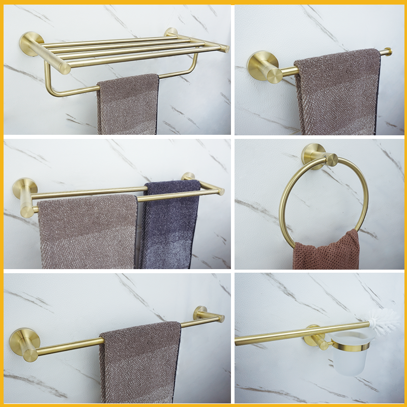 Wall mounted toalheiro única haste anel roupas gancho suporte de papel higiênico saboneteira aço inoxidável escovado ouro