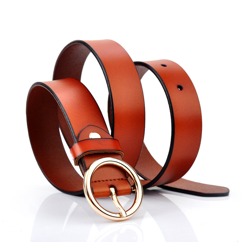 Cinturón de vestir informal de cuero genuino para mujer, cinturón de moda con hebilla de anillo redondo de Metal para pantalones vaqueros, ajustable