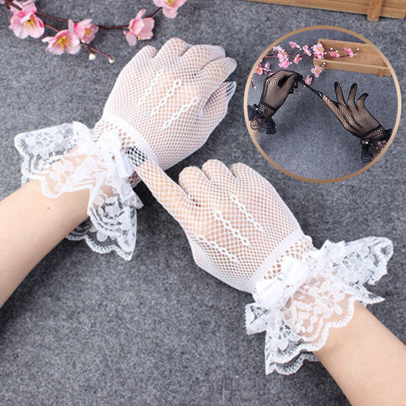 Wedding Tulle Gloves For Women Bridal Ultra Thin Silk Elastic Mittens Black White Short Mesh Full Finger Gloves Party Jewelry