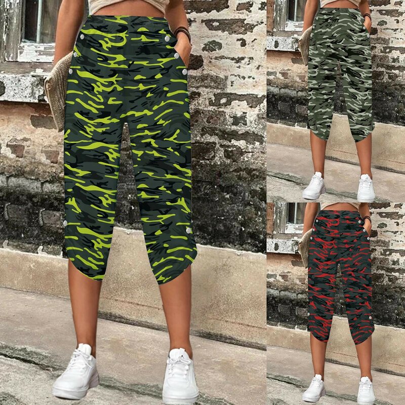 Women Causal Capris With Pockets Elastic Hight Waist Straight Fitting Pants Summer Fashion Trend Camouflage Printed Capris Pants