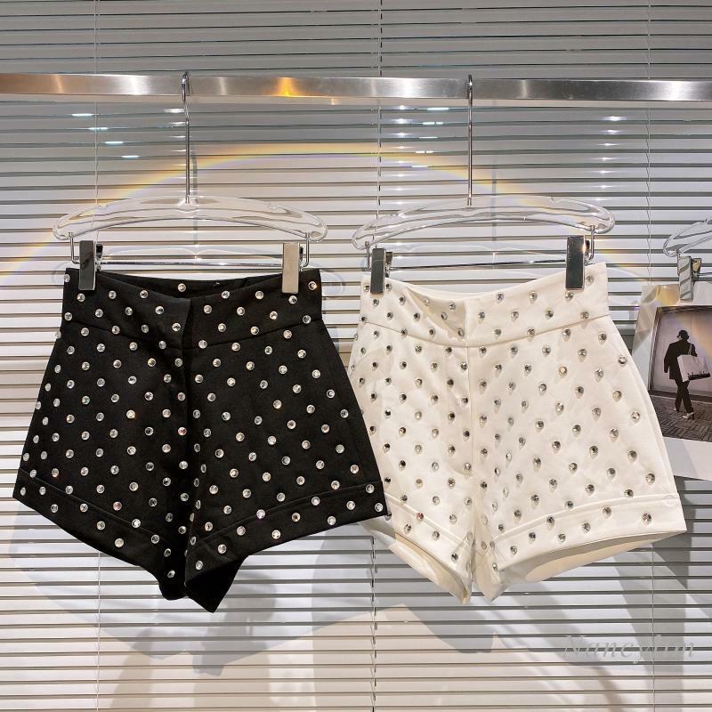 Nancylim-pantalones cortos grandes con diamantes de imitación para mujer, Shorts ajustados de cintura alta, color blanco y negro, verano, 2023