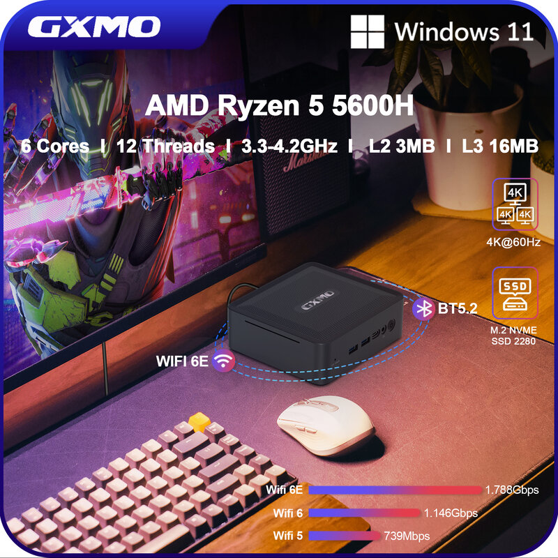 Gxmo-ミニコンピューターH56amd,5600時間,m.2,nvme ssd,wifi,6e,bt,5.2, 4k,Trippleディスプレイ,hdmi