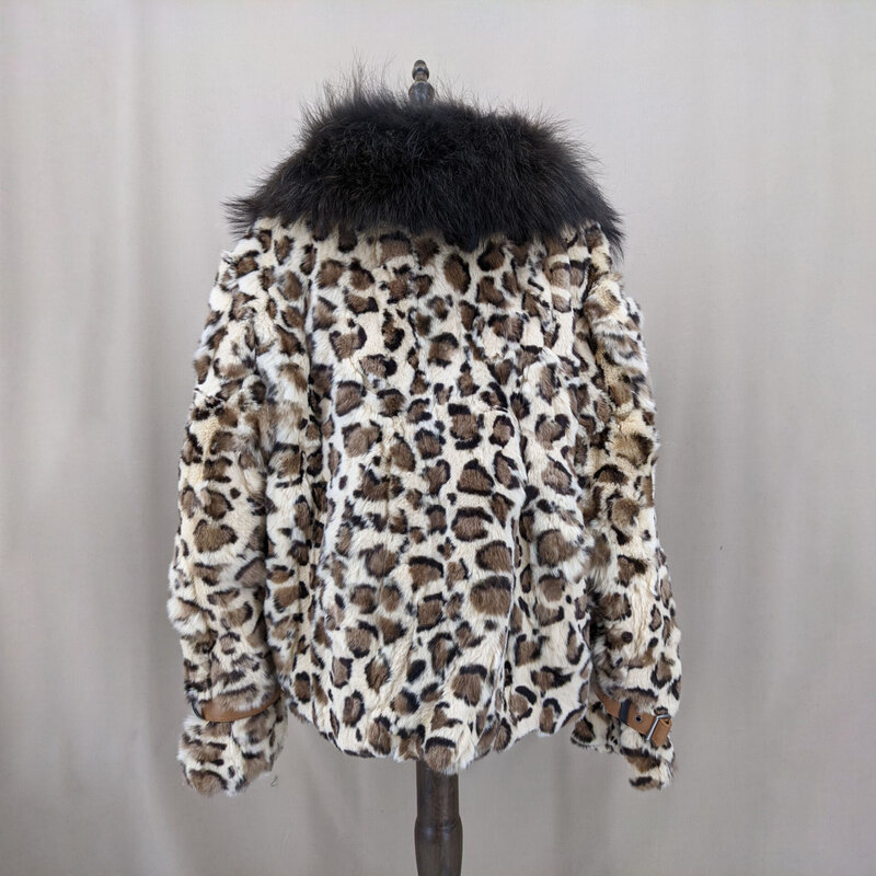 Natural Rex Rabbit Fur Jacket With Big Raccoon Fur Collar Brown Leopard Print  Women