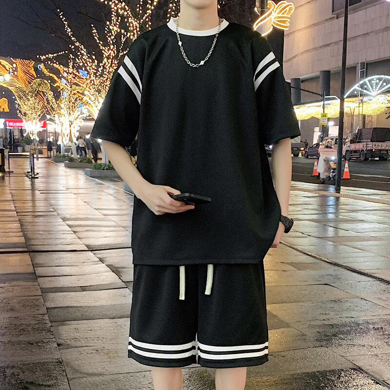 Letnie dresy Y2k męskie koreańskie modne luźne garnitury T-shirt i spodenki dwuczęściowe zestawy Streetwear ponadgabarytowa odzież męska